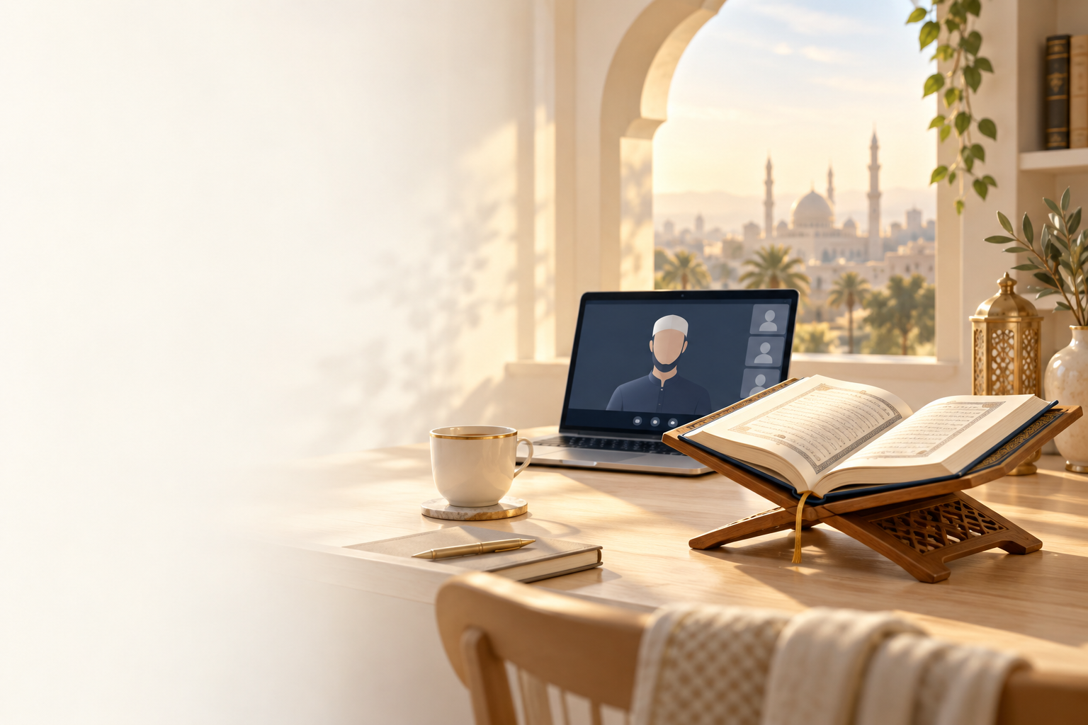 Illustration of a peaceful home study space with a book and an online lesson